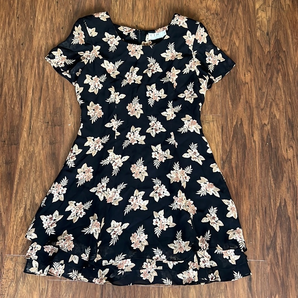 Vintage 90s Black Floral Mini Dress